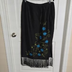 Vintage Clio Black 100% Silk Maxi Skirt Tassel Hem '90s Phoebe Buffay Aesthetic
